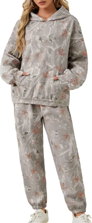 2 Piece Camo Sweatsuits for Women Oversized Maple Leaf Hoodies Sets Graphic Sweatshirts Tracksuits Fleece Fall Outfits