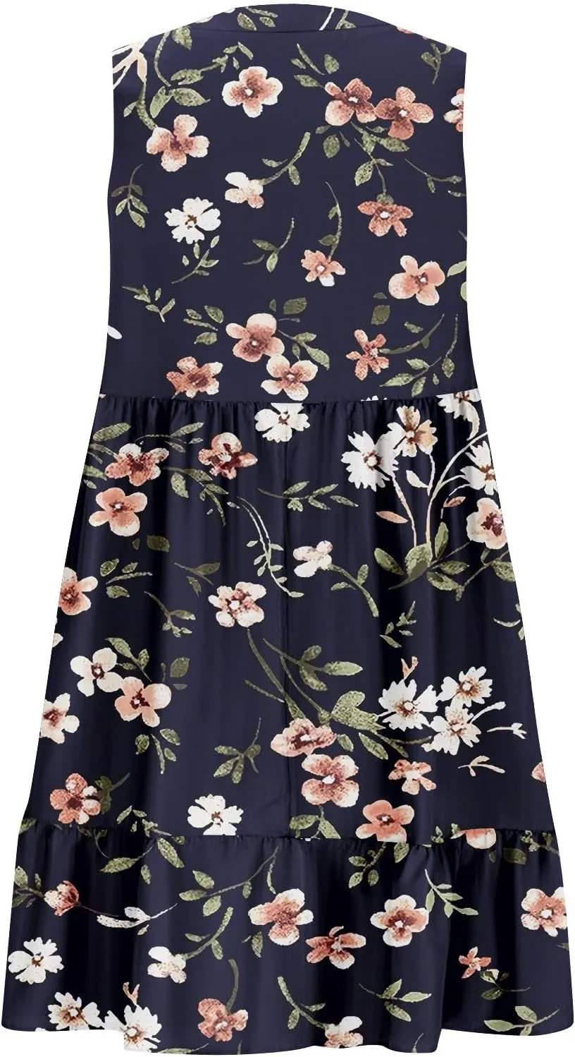2025 Women's Summer Dresses Sleeveless Ruffle Sleeve V Neck Floral Loose Short Flowy Pleated Mini Babydoll Dress