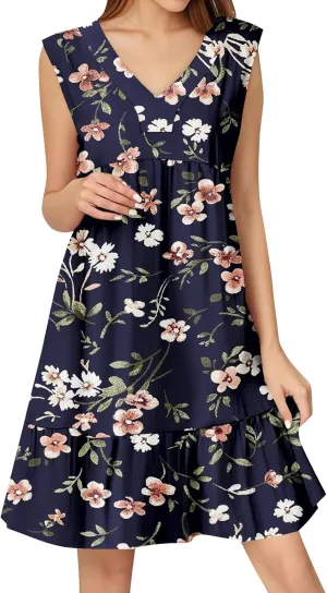 2025 Women's Summer Dresses Sleeveless Ruffle Sleeve V Neck Floral Loose Short Flowy Pleated Mini Babydoll Dress