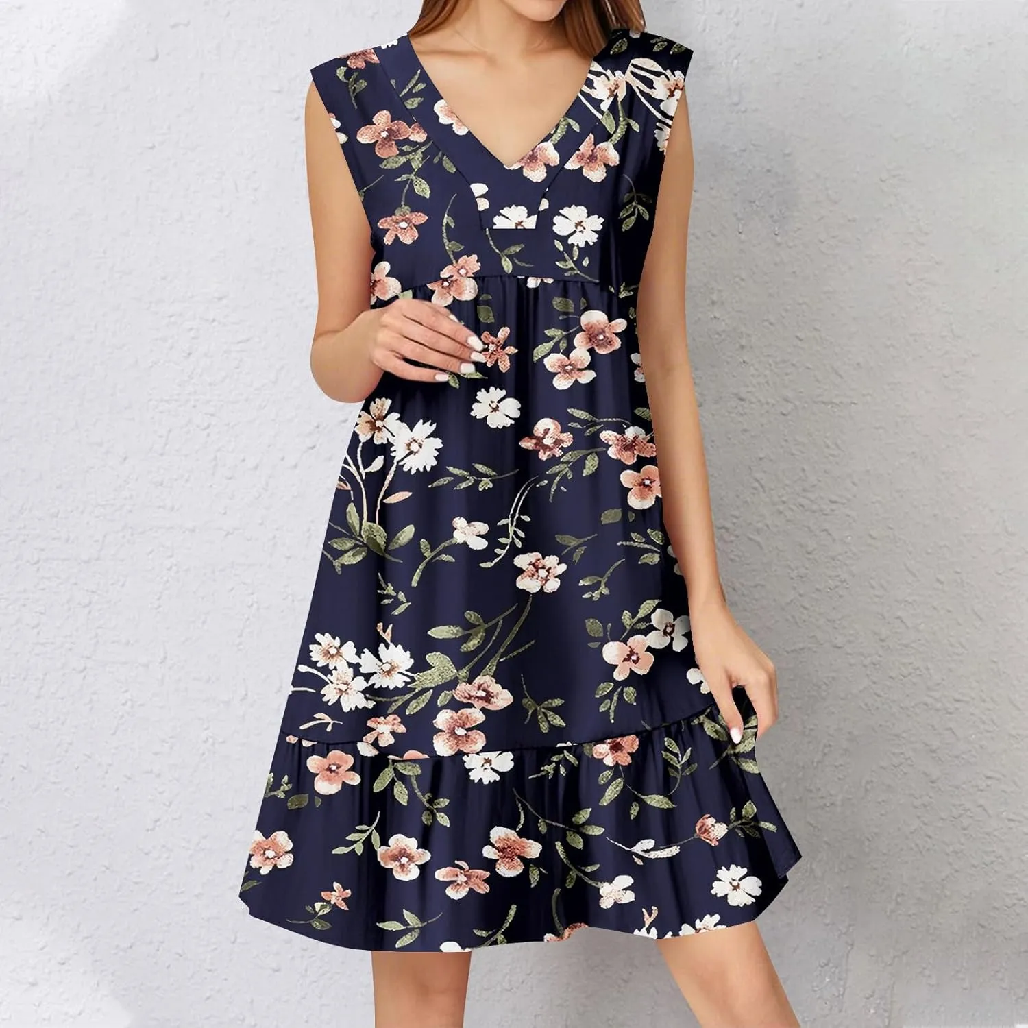 2025 Women's Summer Dresses Sleeveless Ruffle Sleeve V Neck Floral Loose Short Flowy Pleated Mini Babydoll Dress