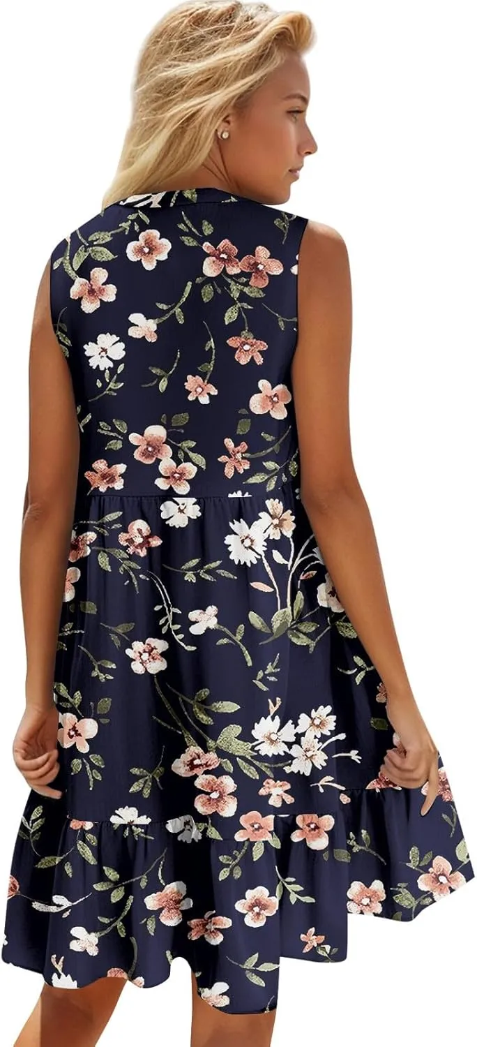 2025 Women's Summer Dresses Sleeveless Ruffle Sleeve V Neck Floral Loose Short Flowy Pleated Mini Babydoll Dress