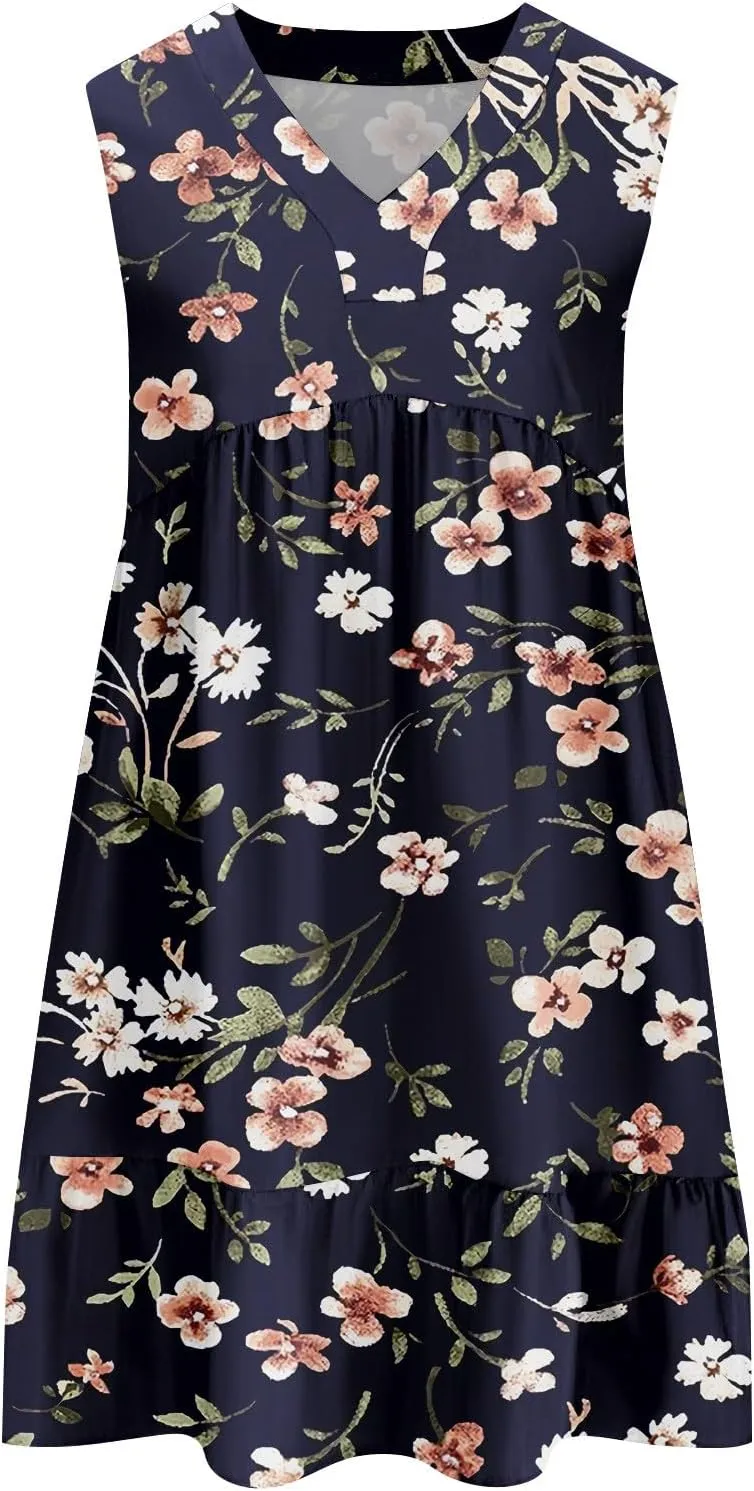 2025 Women's Summer Dresses Sleeveless Ruffle Sleeve V Neck Floral Loose Short Flowy Pleated Mini Babydoll Dress