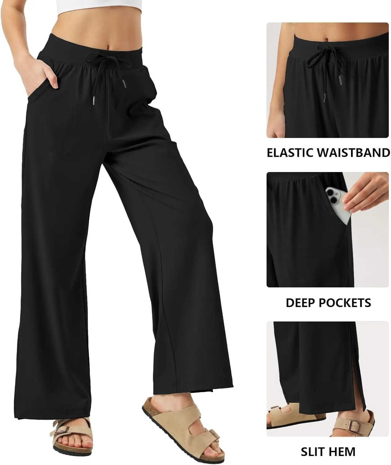 26"/28"/30" Inseam Womens Wide Leg Sweatpants Petite High Waist Summer Pants UPF50 Lightweight Beach with Pocket Split Leg