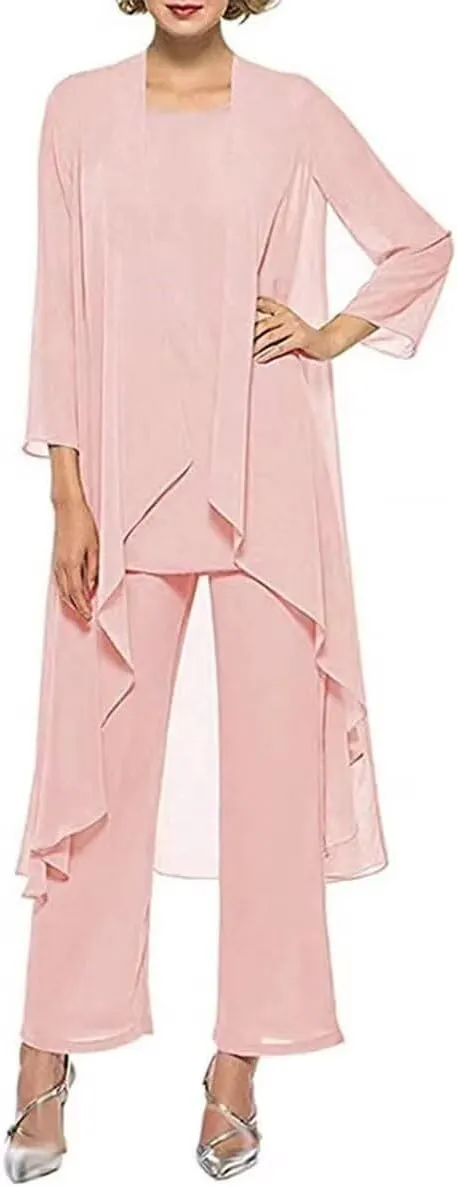 3 Pieces Pantsuits for Women Dressy Outfit Set Long Sleeve Mother of The Bride Dresses with Chiffon Jacket