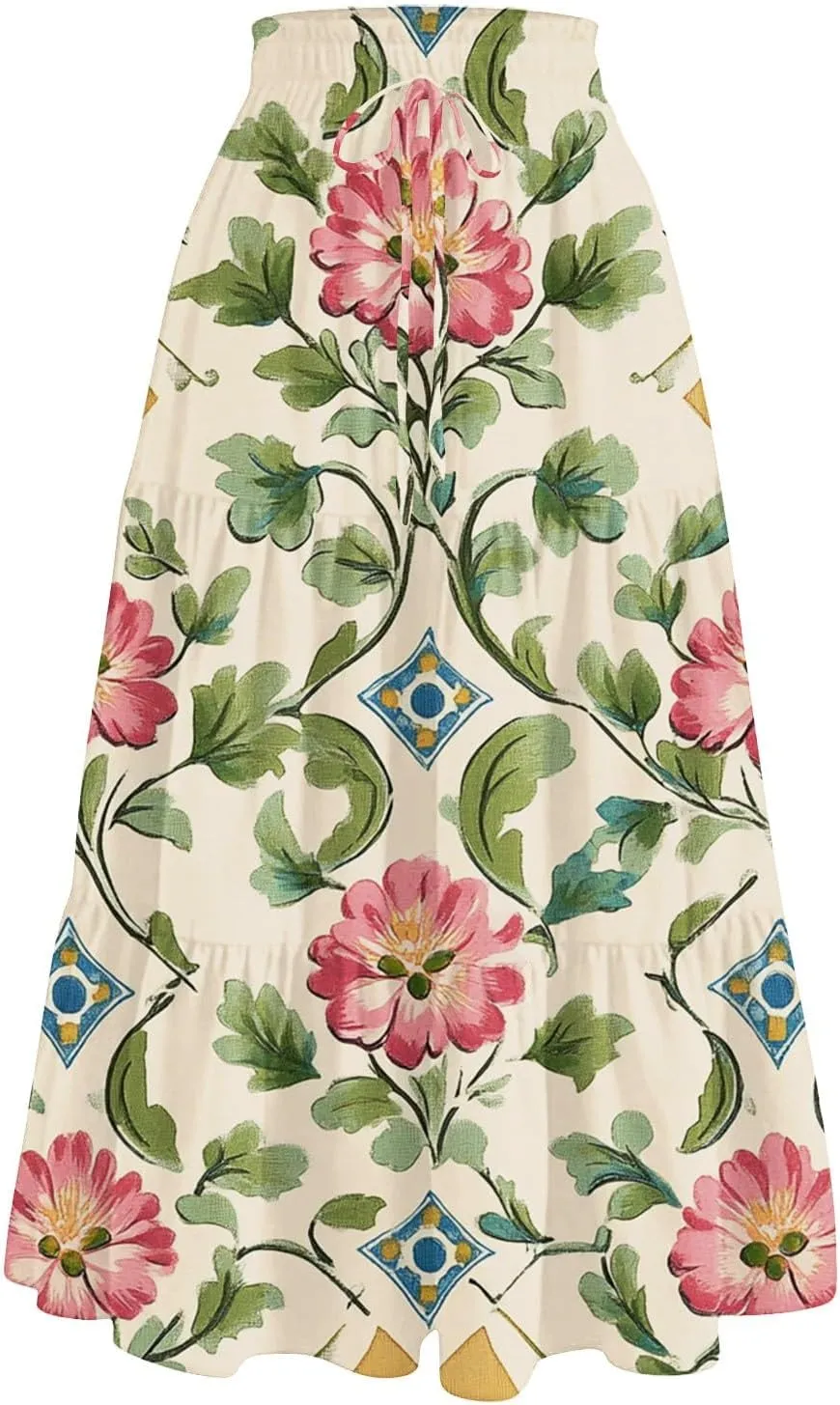 ADHOWBEW Floral Maxi Skirt for Women Trendy Flowy Sexy Elastic Waist High Waist Cotton Bohemian Skirts