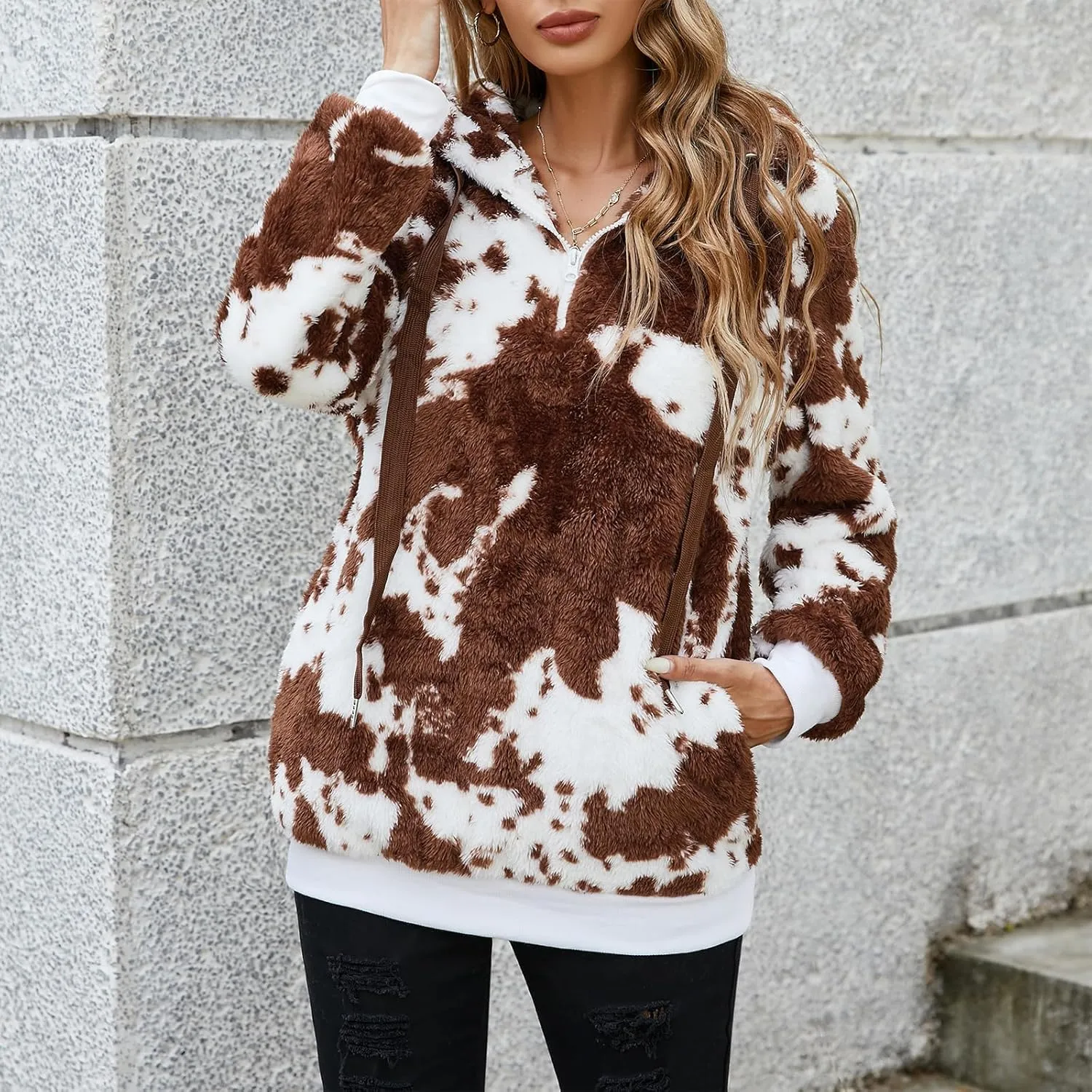 American Trends Cow Hoodie for Women Cow Print Oversized Zip Collar Sherpa Sweatshirt Plus Size Fuzzy Pullover with Pockets
