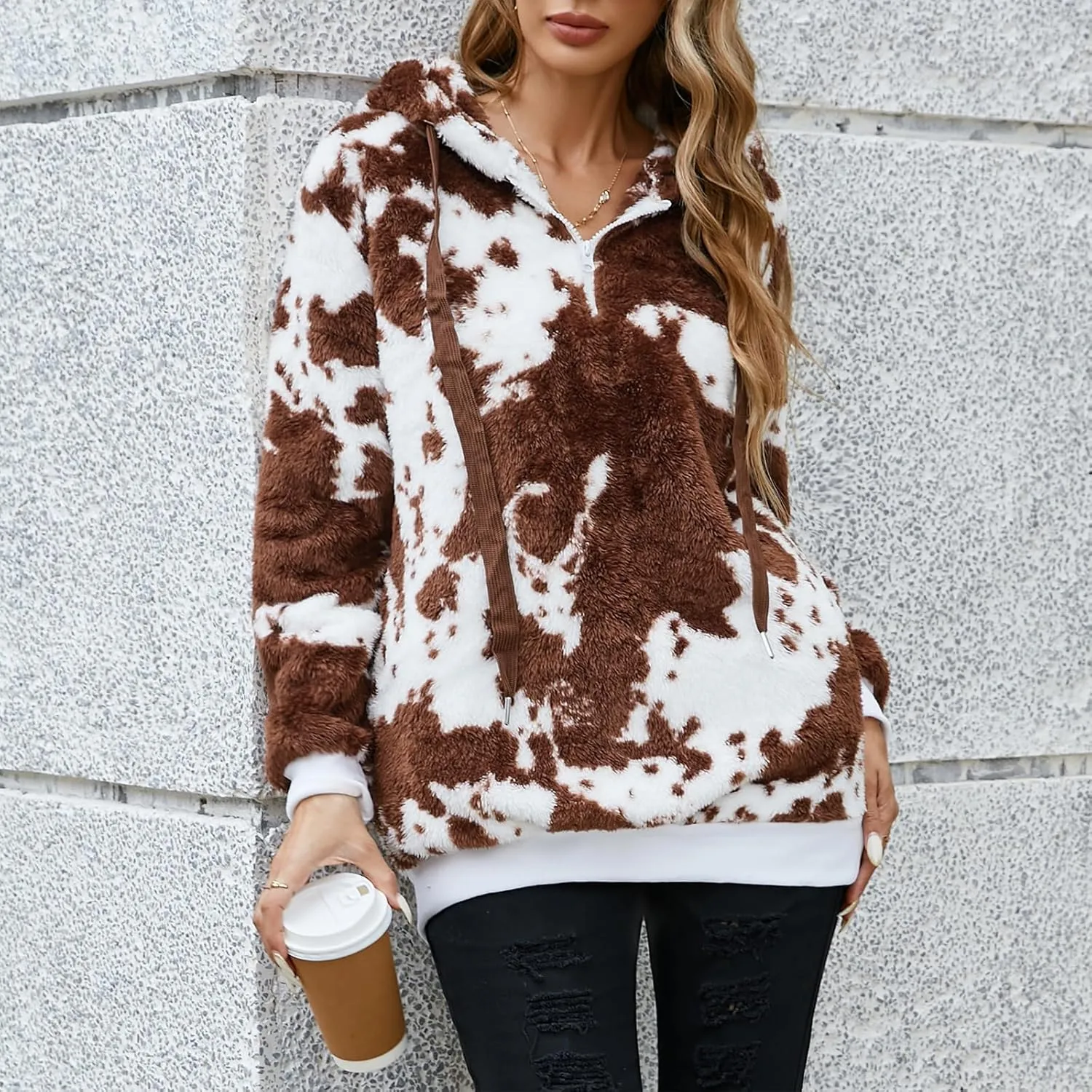 American Trends Cow Hoodie for Women Cow Print Oversized Zip Collar Sherpa Sweatshirt Plus Size Fuzzy Pullover with Pockets