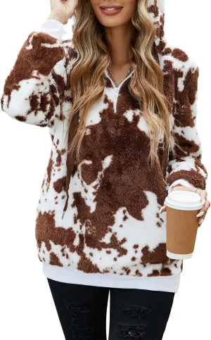 American Trends Cow Hoodie for Women Cow Print Oversized Zip Collar Sherpa Sweatshirt Plus Size Fuzzy Pullover with Pockets