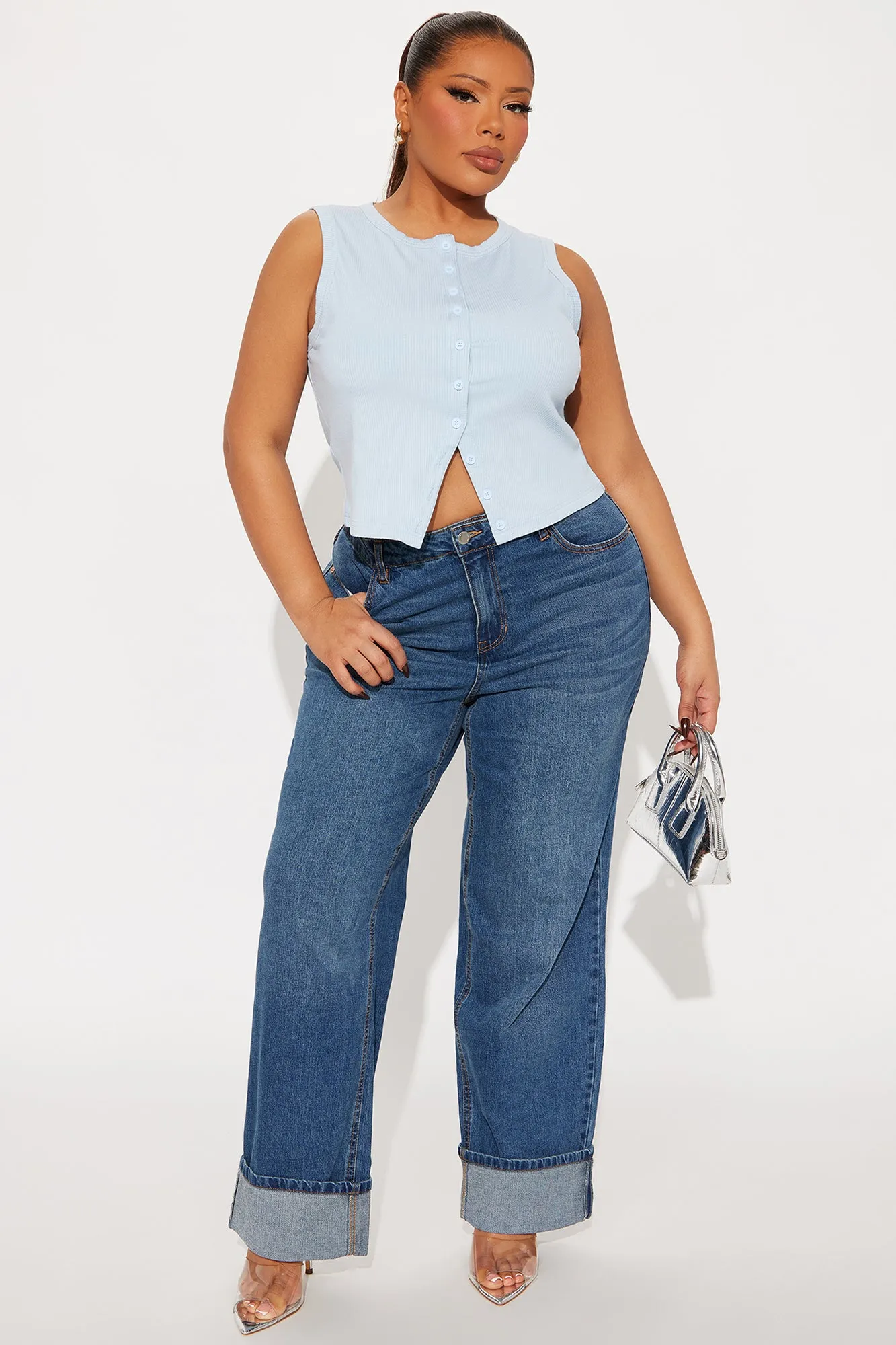 Amy Button Front Top - Light Blue
