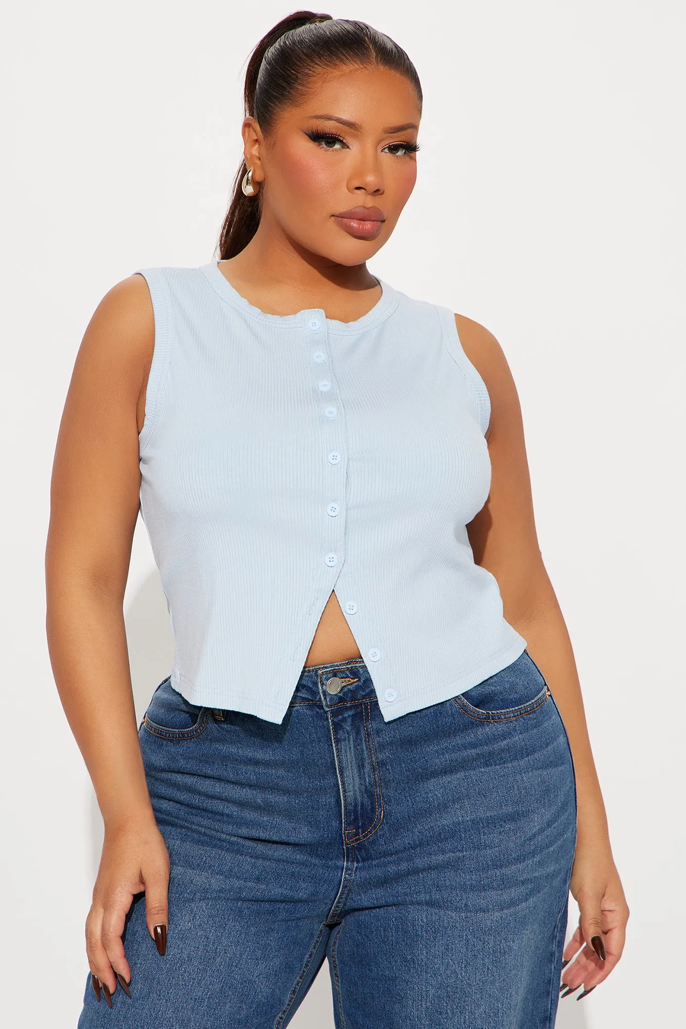 Amy Button Front Top - Light Blue