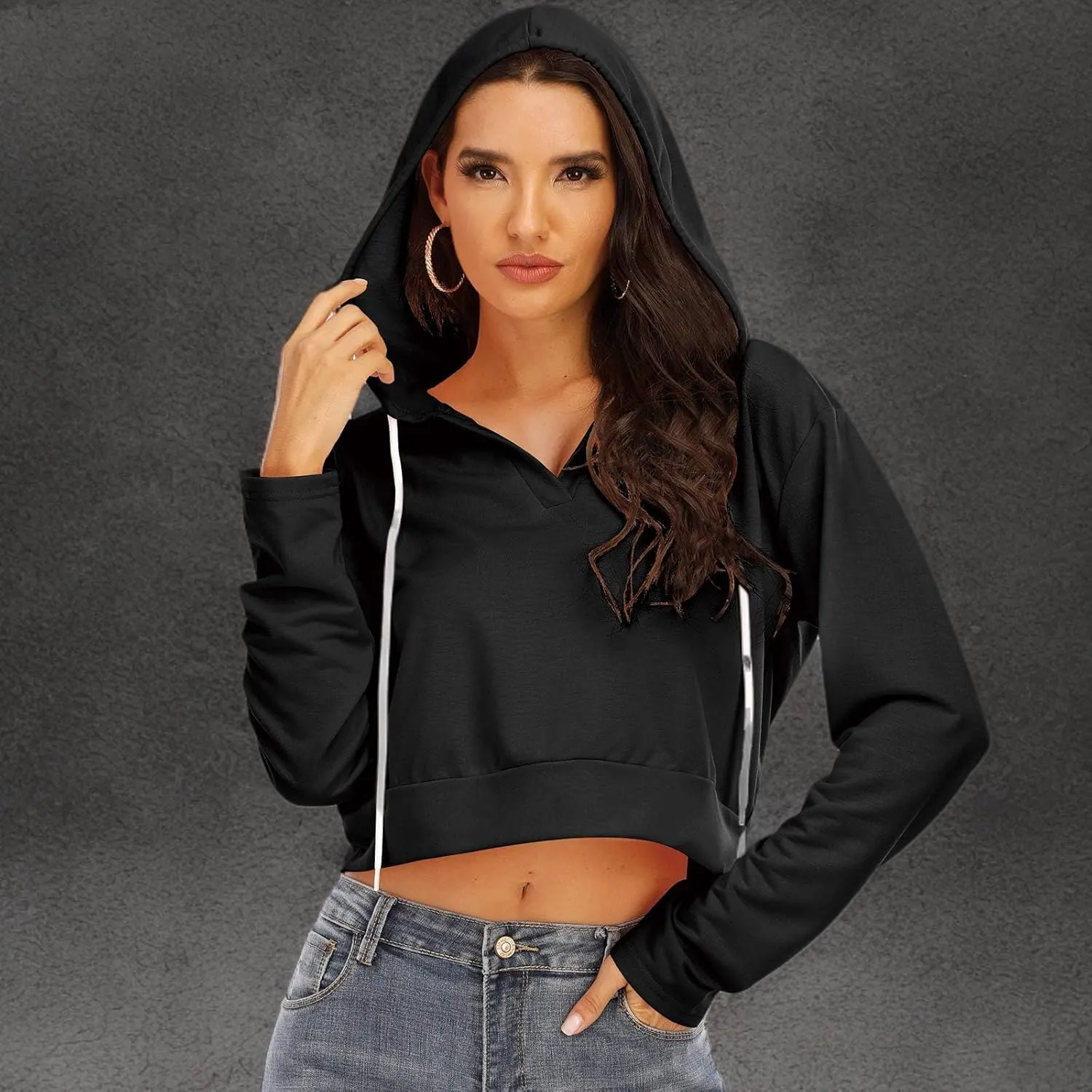 Anbenser Womens Cropped Hoodies Long Sleeve Pullover Crop Top Deep V Neck Sweatshirt