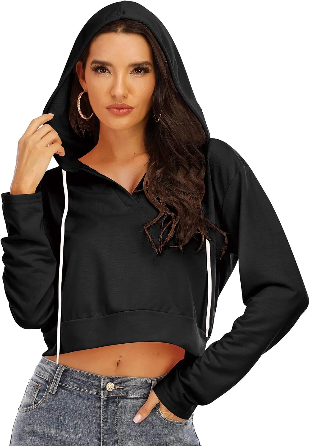 Anbenser Womens Cropped Hoodies Long Sleeve Pullover Crop Top Deep V Neck Sweatshirt