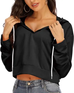 Anbenser Womens Cropped Hoodies Long Sleeve Pullover Crop Top Deep V Neck Sweatshirt