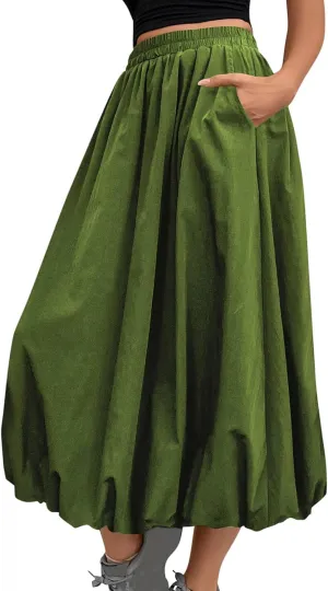 Ankle Length Skirt for Women Summer Beach Casual Elastic High Waisted Maxi Skirt Puff Long Skirts with Pockets