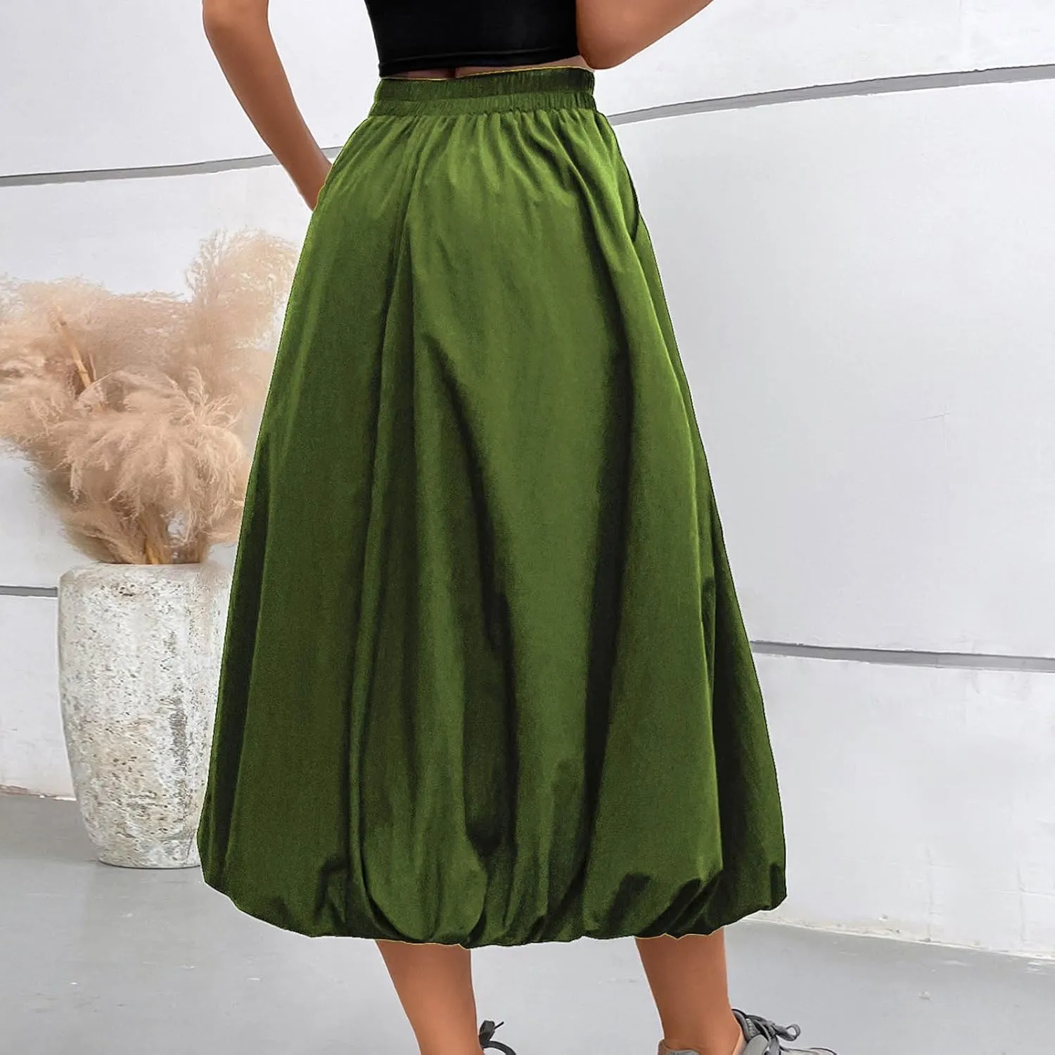 Ankle Length Skirt for Women Summer Beach Casual Elastic High Waisted Maxi Skirt Puff Long Skirts with Pockets