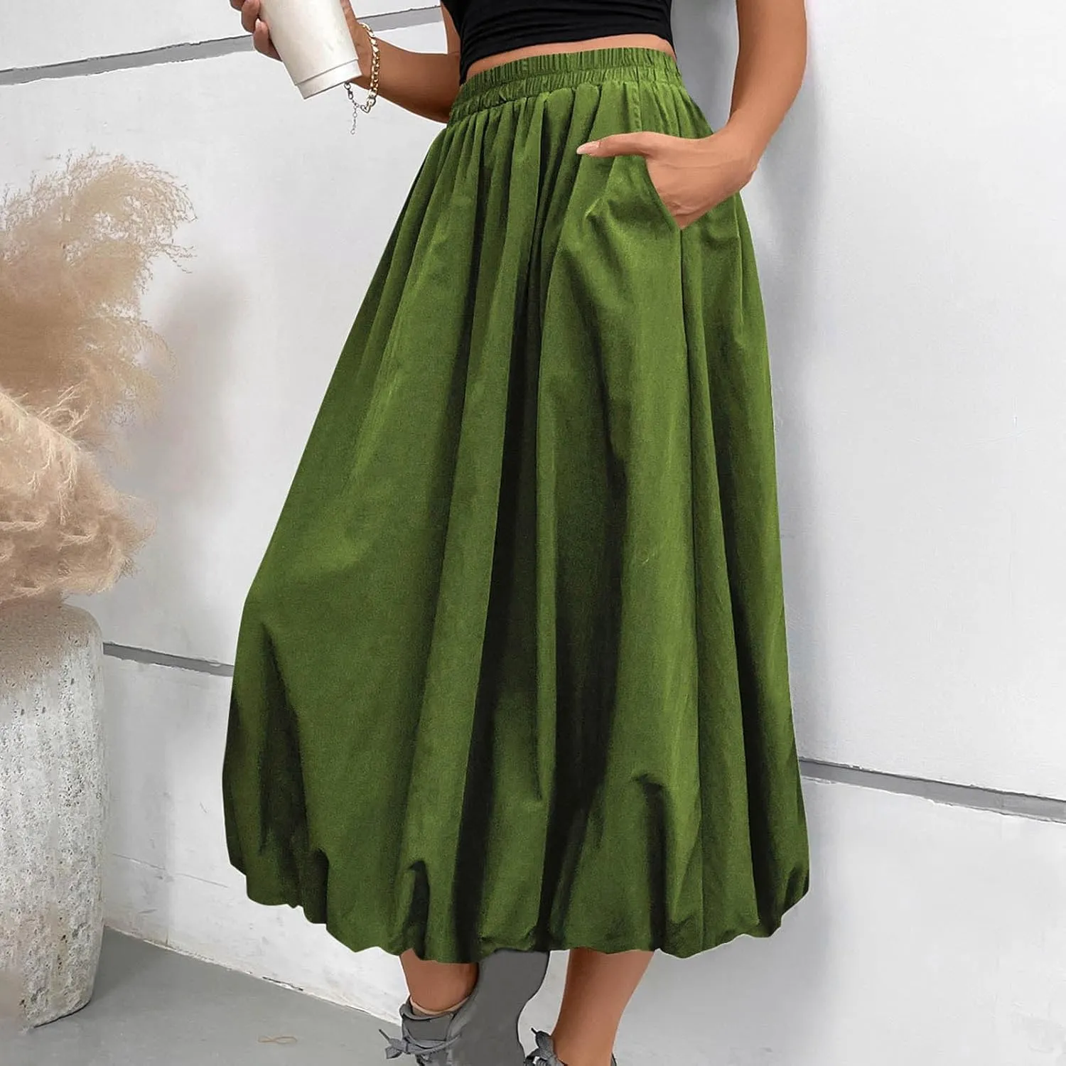 Ankle Length Skirt for Women Summer Beach Casual Elastic High Waisted Maxi Skirt Puff Long Skirts with Pockets