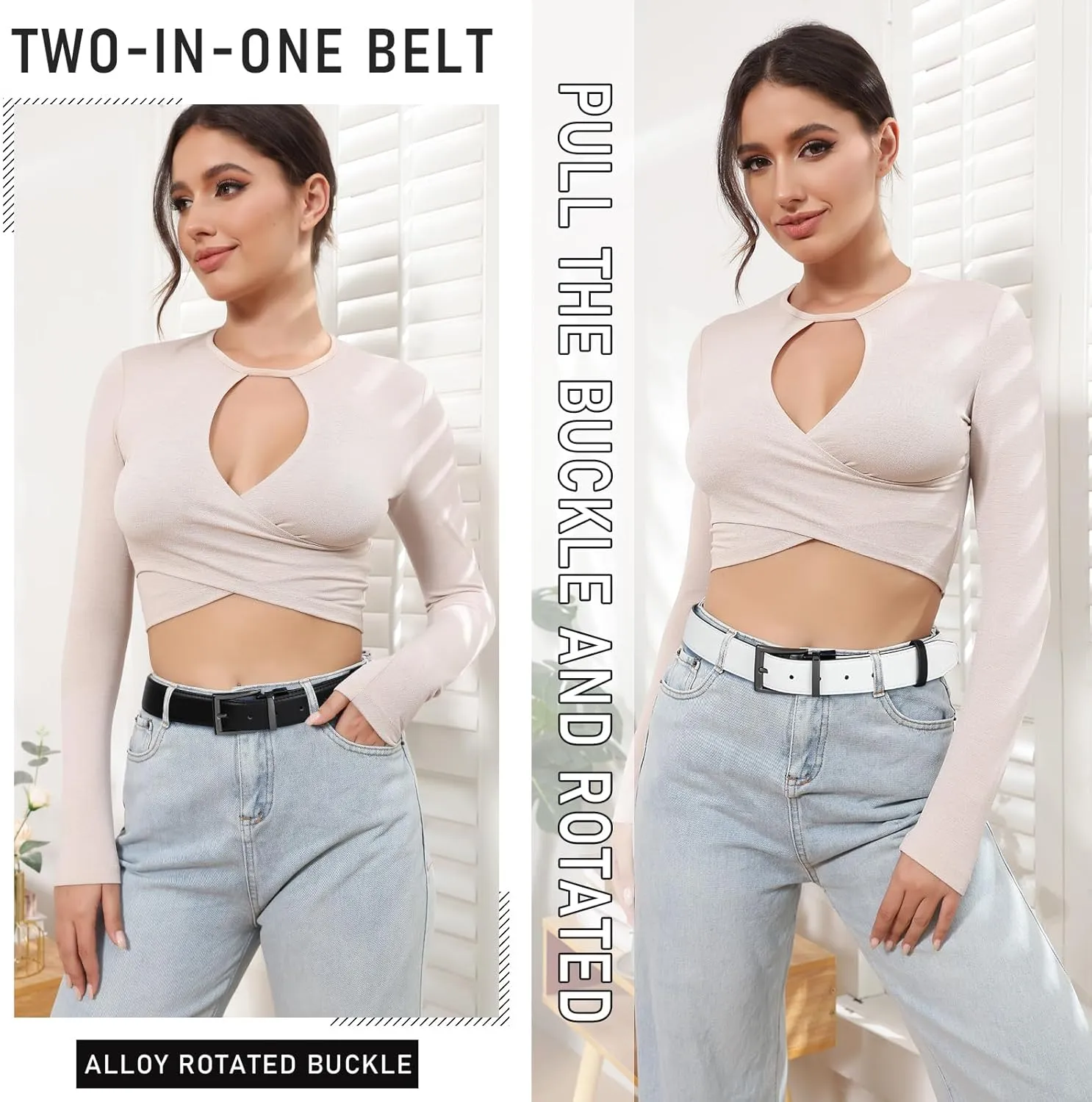 AWAYTR Reversible Leather Belt for Women - Two Color-in-One Belt for Women Men Belt with Rotated Buckle for Jeans Dress