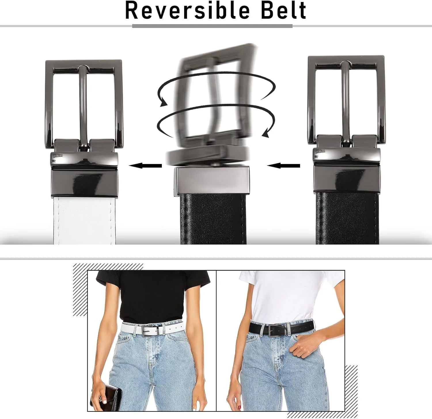 AWAYTR Reversible Leather Belt for Women - Two Color-in-One Belt for Women Men Belt with Rotated Buckle for Jeans Dress