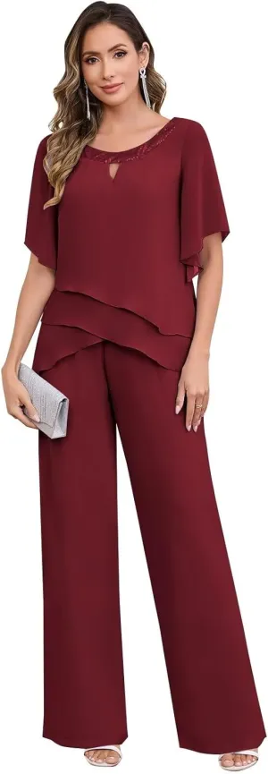 BANTRATIC 2 Pieces Mother of The Bride Pantsuits for Wedding Half Sleeve Formal Chiffon Evening Prom Cocktail Pant Outfit