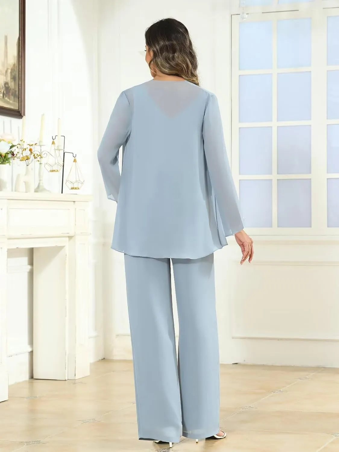 BANTRATIC Mother of The Bride Pant Suits for Women Chiffon Sequin 3 Pieces Formal Evening Wedding Guest Dressy Pantsuits