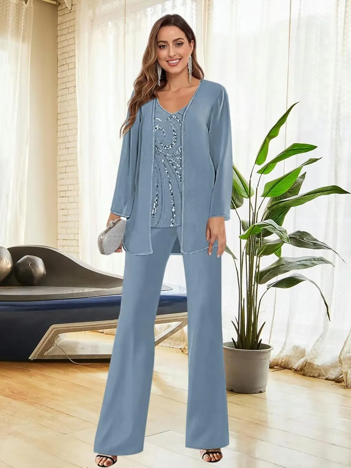 BANTRATIC Mother of The Bride Pant Suits for Women Chiffon Sequin 3 Pieces Formal Evening Wedding Guest Dressy Pantsuits