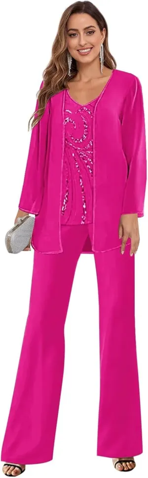 BANTRATIC Mother of The Bride Pant Suits for Women Chiffon Sequin 3 Pieces Formal Evening Wedding Guest Dressy Pantsuits