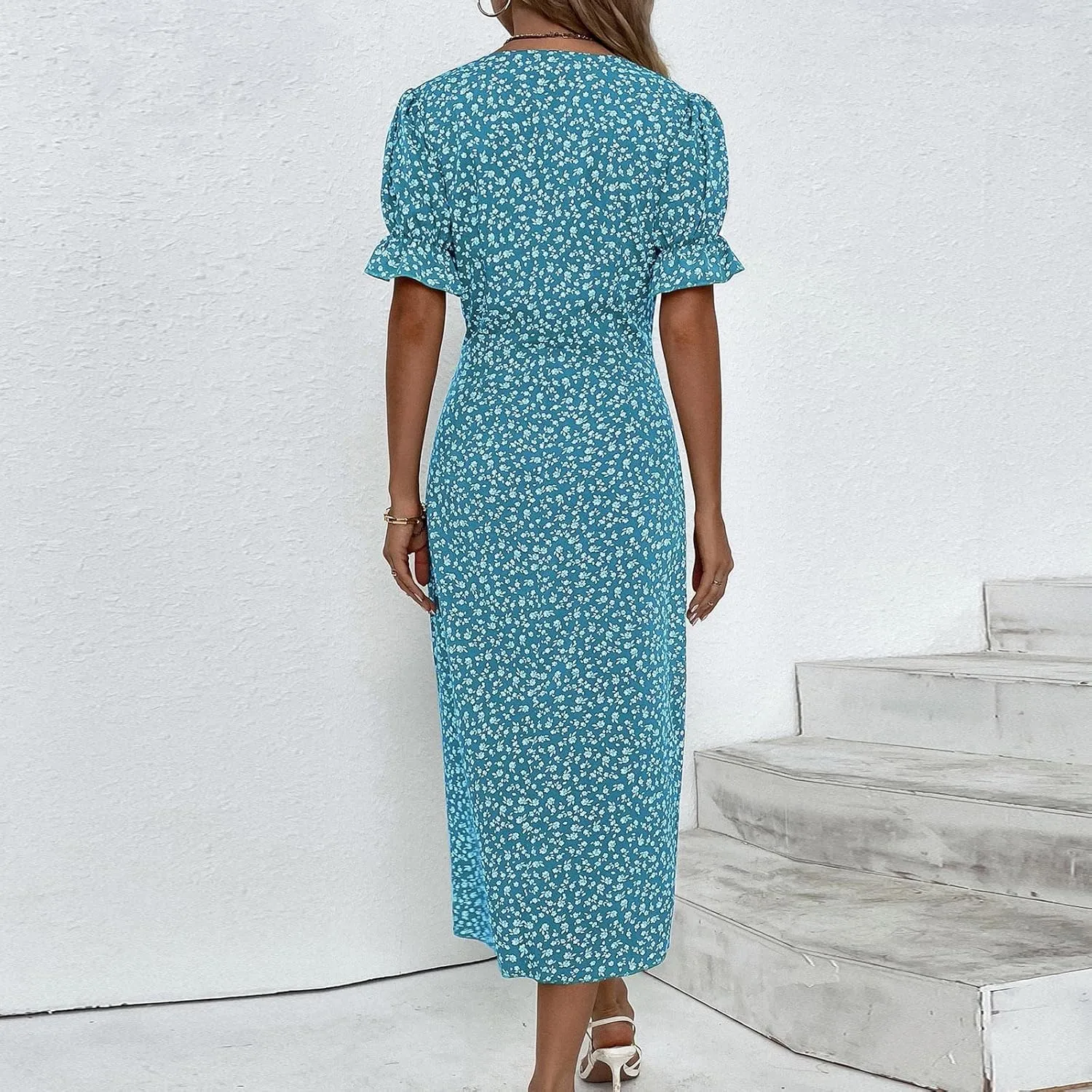 Beach Dresses for Women,2025 Summer Trendy Elegant V Neck Floral Boho Dress,Flowy Ruched Hawaiian Maxi Dress