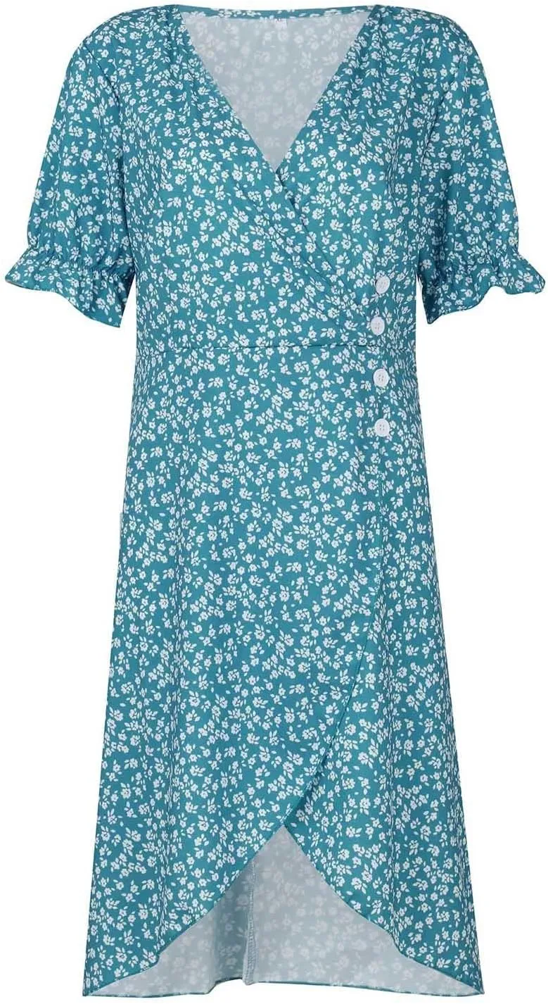 Beach Dresses for Women,2025 Summer Trendy Elegant V Neck Floral Boho Dress,Flowy Ruched Hawaiian Maxi Dress