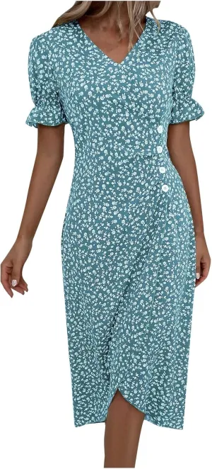 Beach Dresses for Women,2025 Summer Trendy Elegant V Neck Floral Boho Dress,Flowy Ruched Hawaiian Maxi Dress