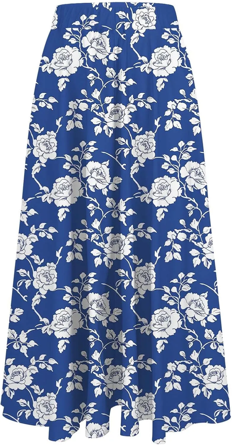 Boho Floral Maxi Skirts for Women Summer Beach Vacation A-Line Pleated Long Skirts Elastic High Waisted Flowy Skirt