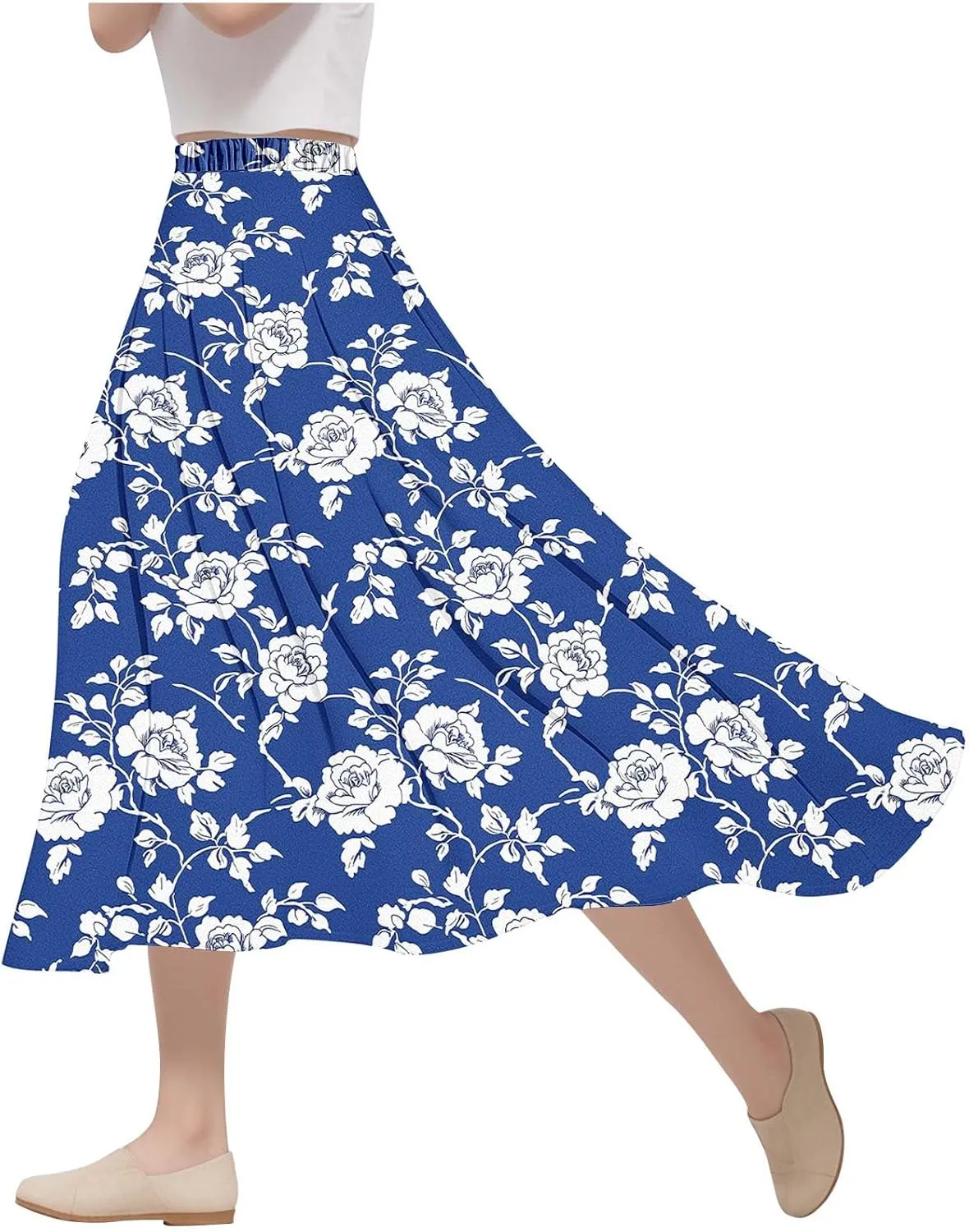 Boho Floral Maxi Skirts for Women Summer Beach Vacation A-Line Pleated Long Skirts Elastic High Waisted Flowy Skirt