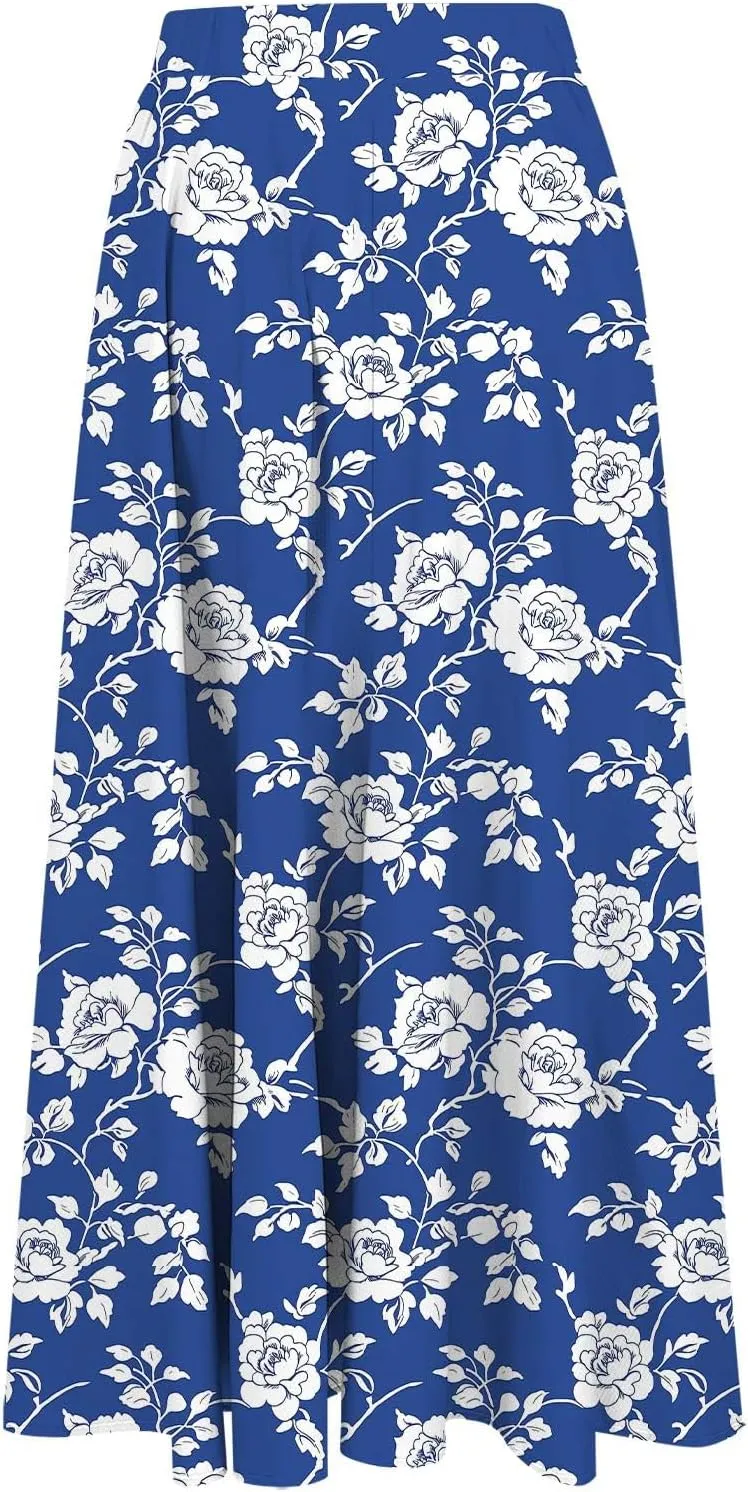 Boho Floral Maxi Skirts for Women Summer Beach Vacation A-Line Pleated Long Skirts Elastic High Waisted Flowy Skirt
