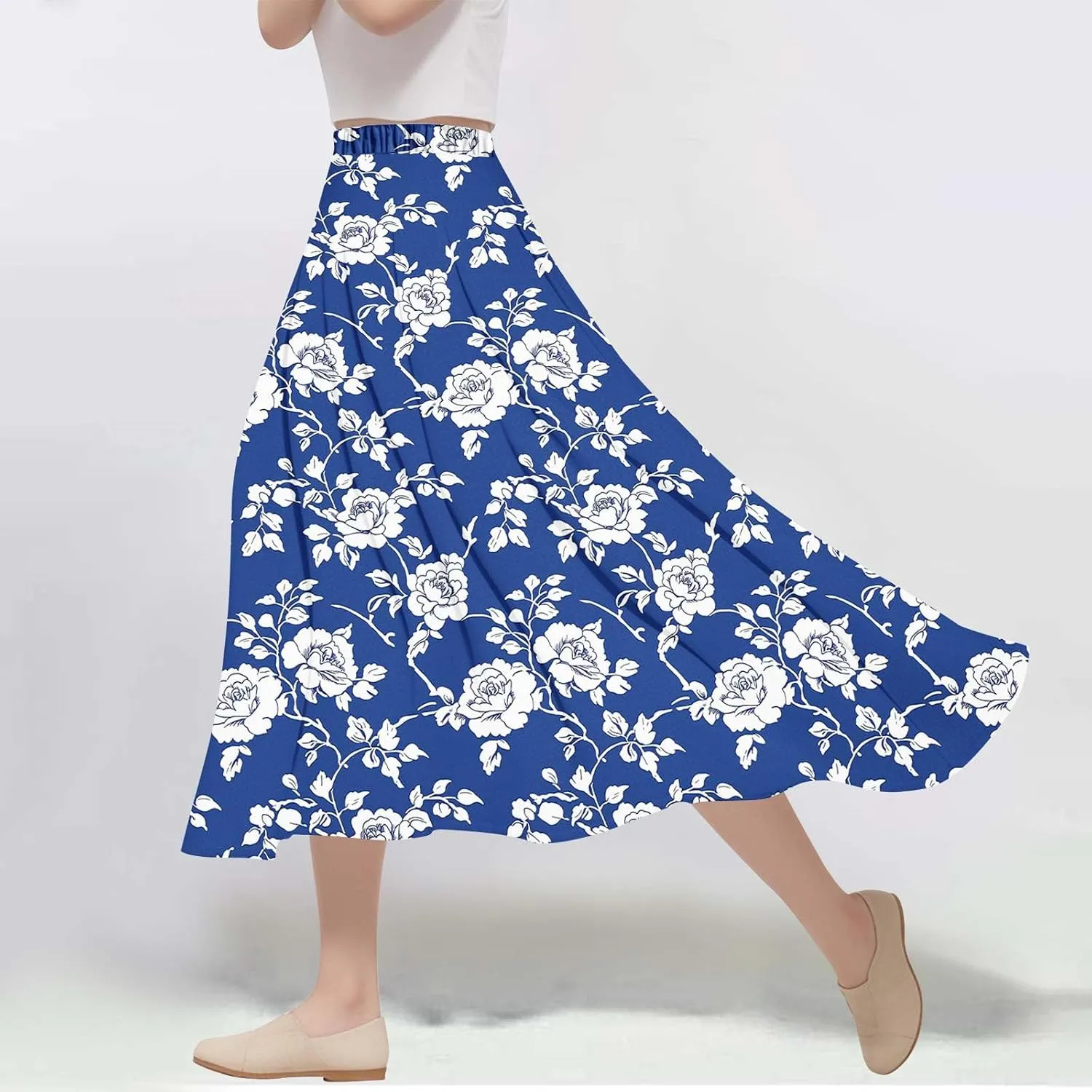 Boho Floral Maxi Skirts for Women Summer Beach Vacation A-Line Pleated Long Skirts Elastic High Waisted Flowy Skirt