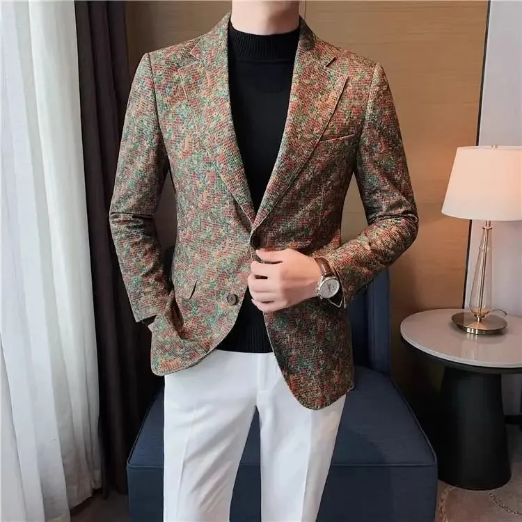 Bonsir Man Business Suits and Blazers Double Breasted Dress Jacket for Men Printed Stamp Classic Spring Clothes Handsome Clothing Coats