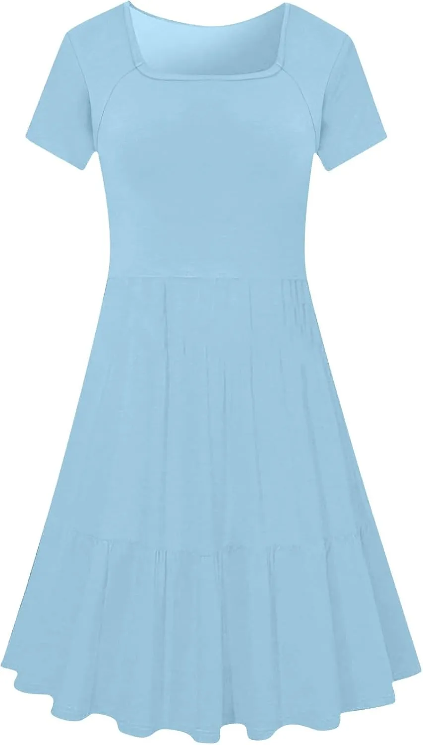 Borniu Women Summer Casual Dress Short Sleeve Crewneck Swing Mini Tshirt Dresses 2025 Vacation Beach Pleated Short Sundress