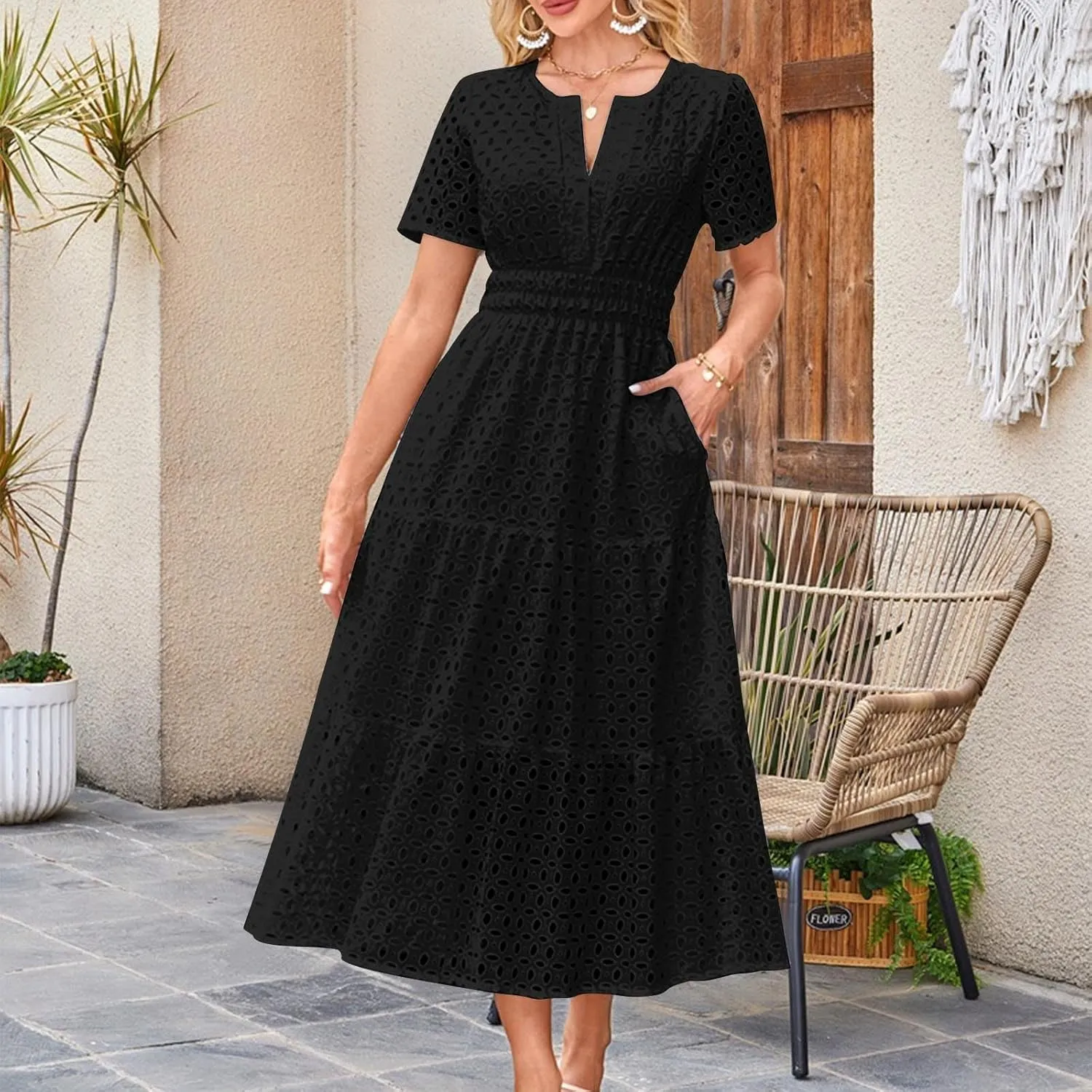 Borniu Womens 2025 Summer Maxi Dress Short Sleeve V Neck Hollow Out Eyelet A Line Long Flowy Swing Beach Vacation Dresses