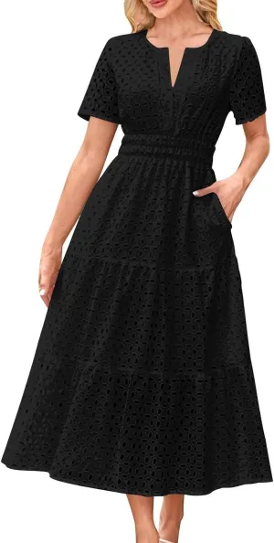 Borniu Womens 2025 Summer Maxi Dress Short Sleeve V Neck Hollow Out Eyelet A Line Long Flowy Swing Beach Vacation Dresses