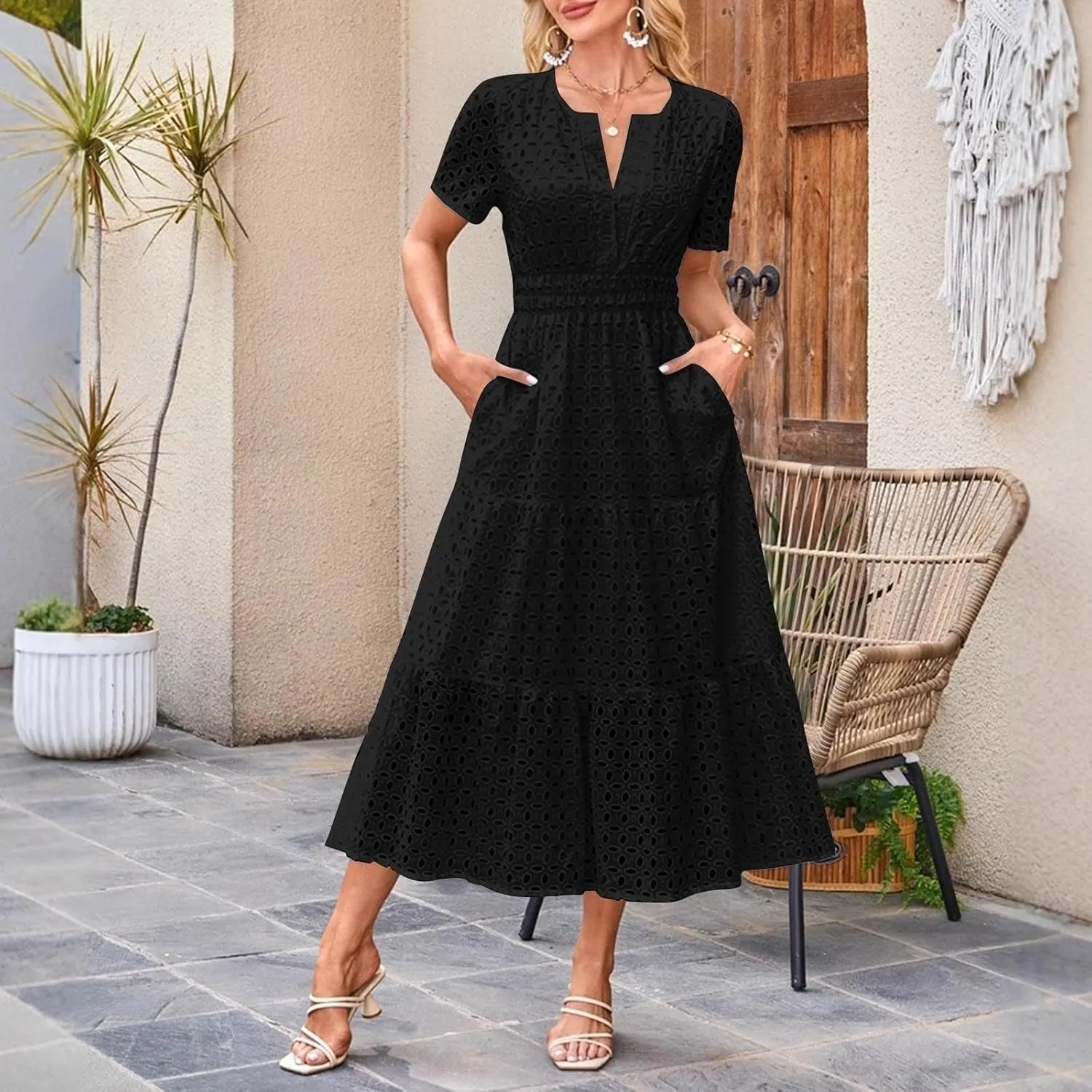 Borniu Womens 2025 Summer Maxi Dress Short Sleeve V Neck Hollow Out Eyelet A Line Long Flowy Swing Beach Vacation Dresses