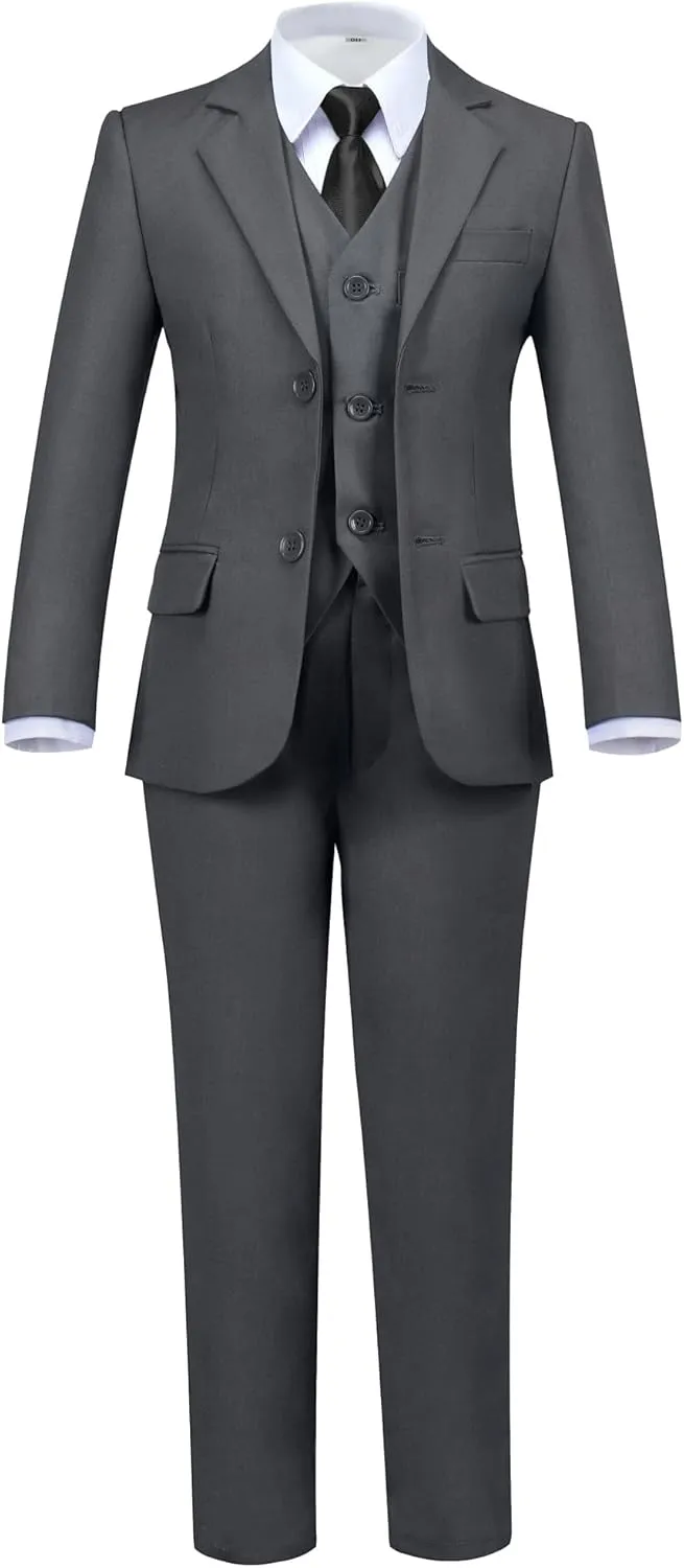 Boys' 5 Piece Formal Suit Set with Suit Jacket, Vest, Pants, Collared Dress Shirt, and Tie