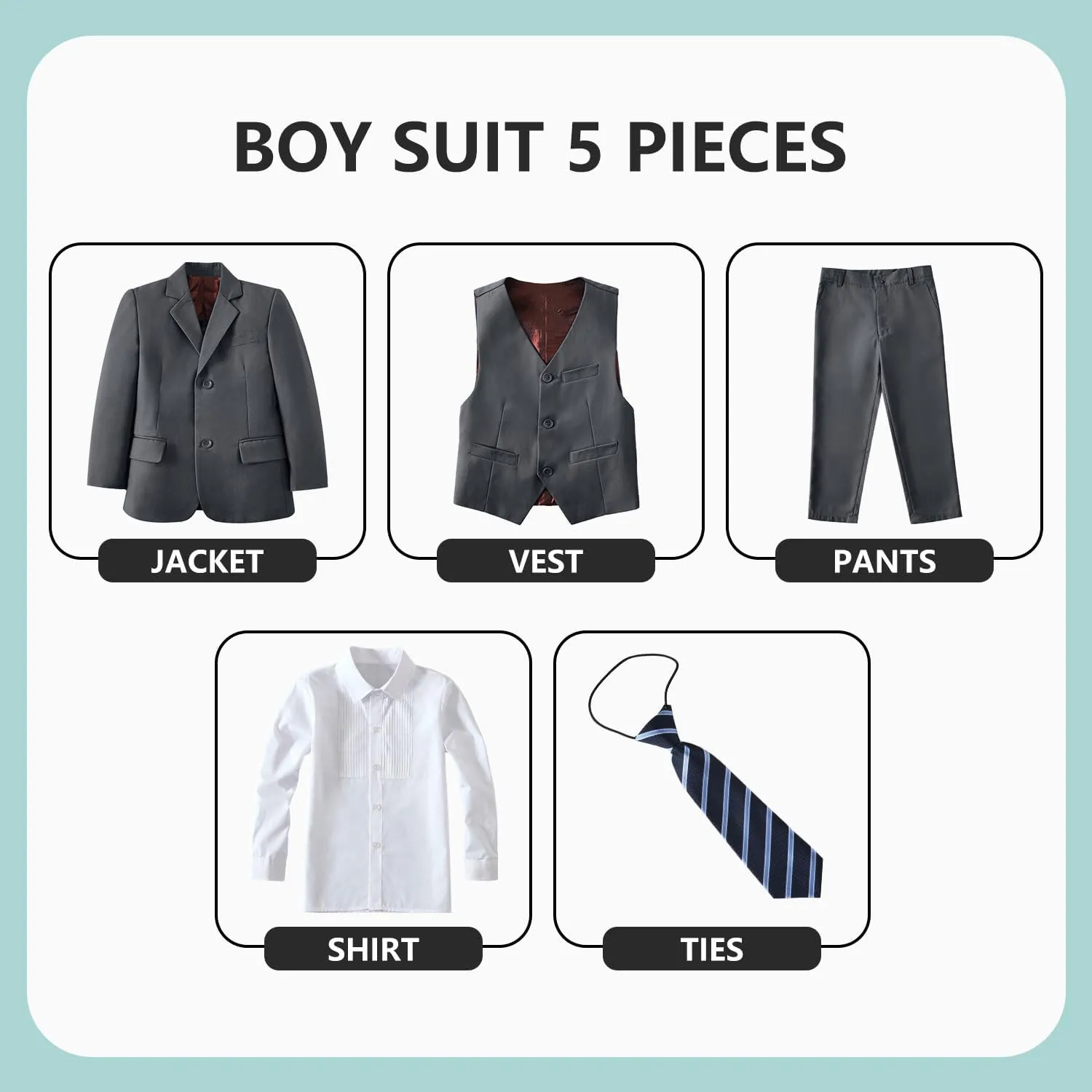 Boys' 5 Piece Formal Suit Set with Suit Jacket, Vest, Pants, Collared Dress Shirt, and Tie