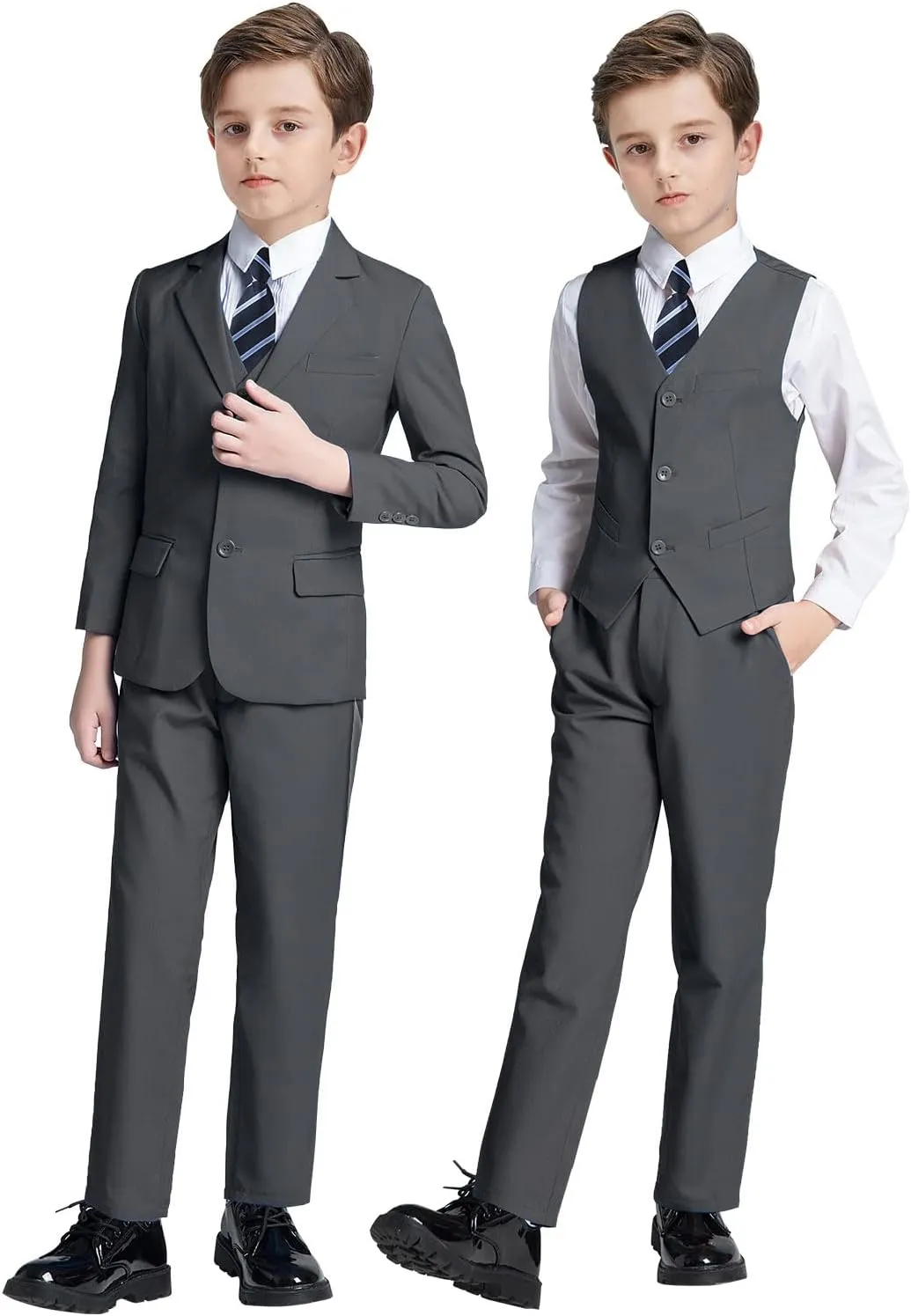 Boys' 5 Piece Formal Suit Set with Suit Jacket, Vest, Pants, Collared Dress Shirt, and Tie