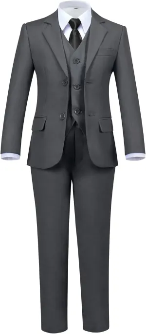 Boys' 5 Piece Formal Suit Set with Suit Jacket, Vest, Pants, Collared Dress Shirt, and Tie