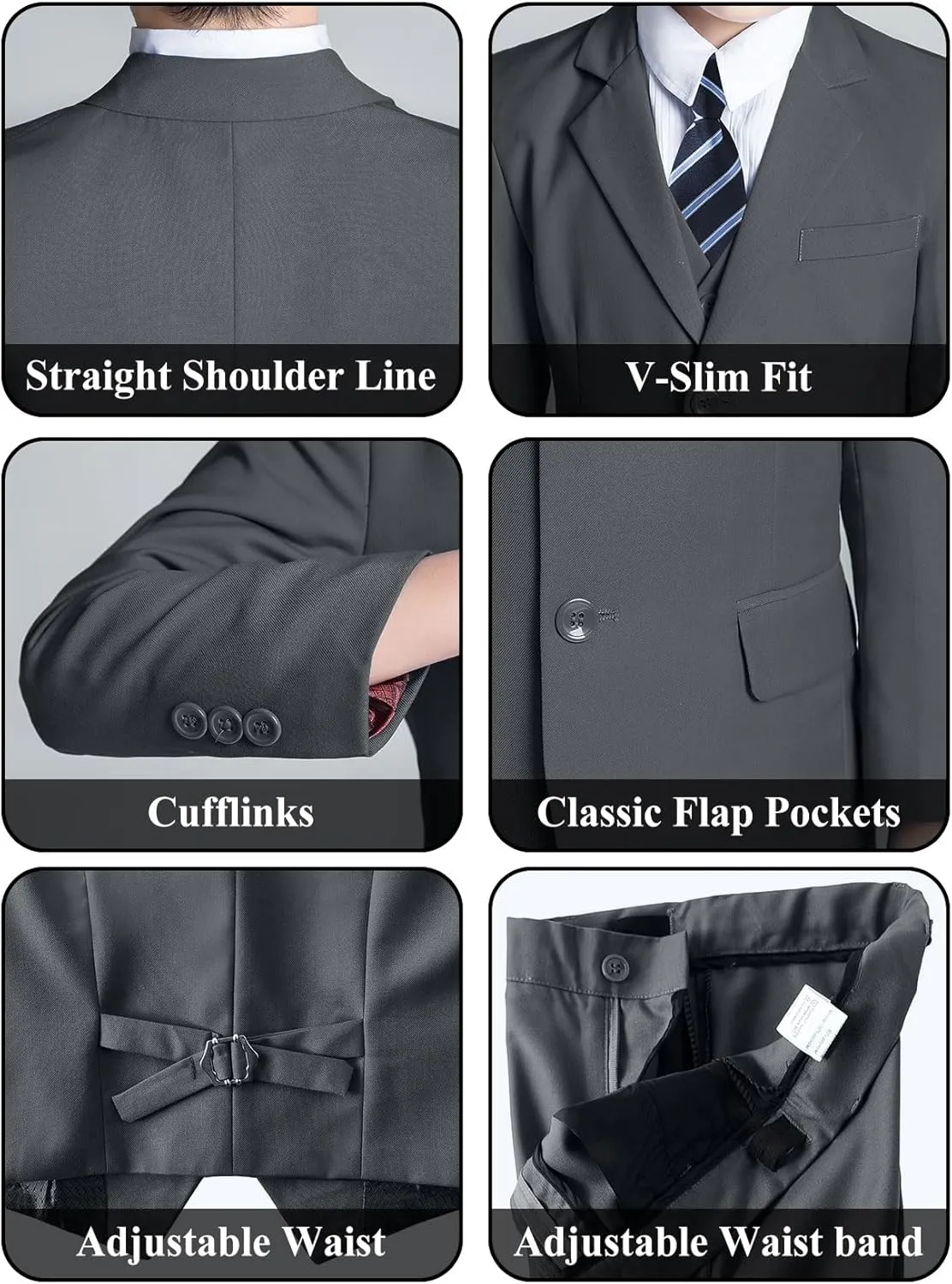 Boys' 5 Piece Formal Suit Set with Suit Jacket, Vest, Pants, Collared Dress Shirt, and Tie