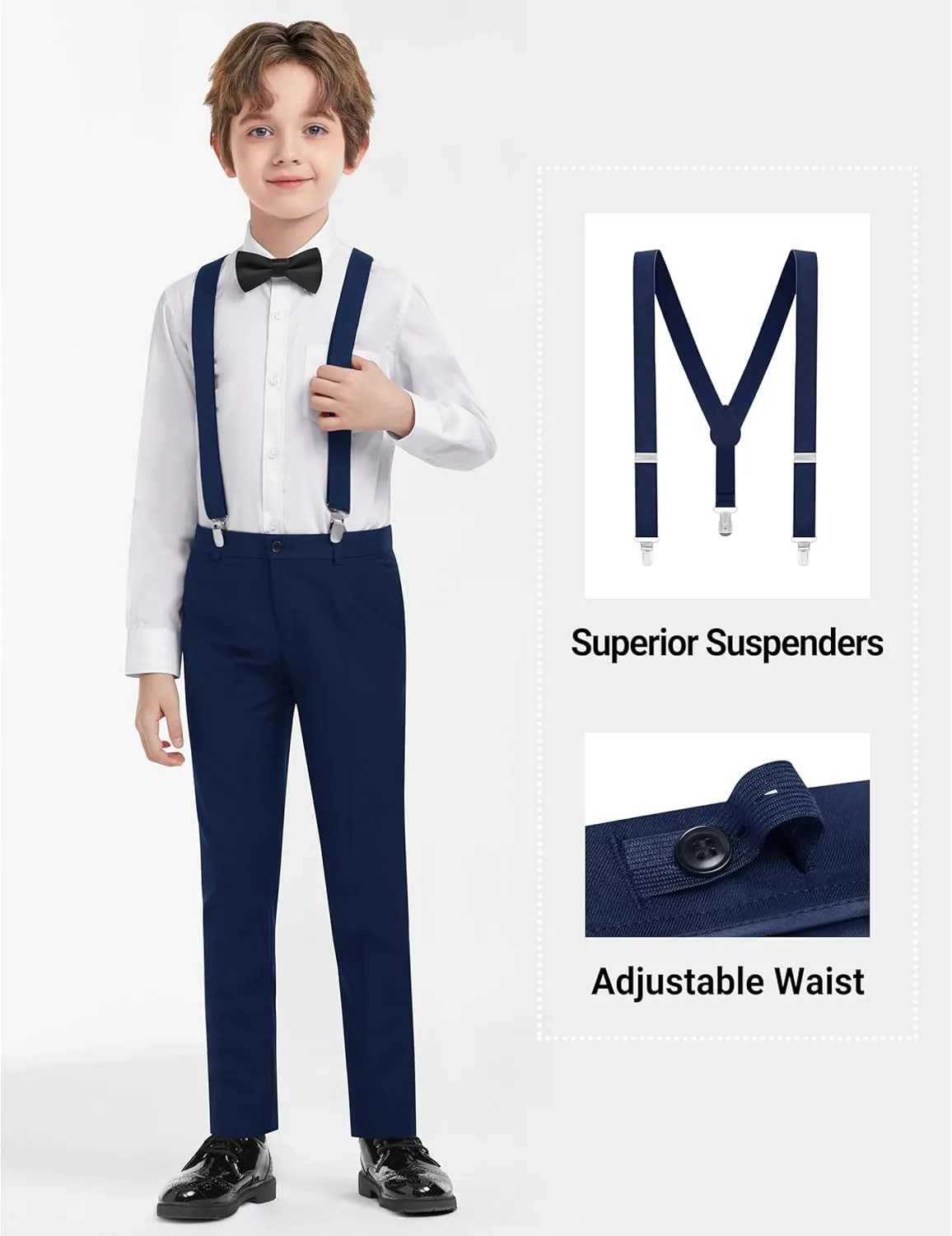 Boys Formal Suits Set, from Toddlers to Teen, Adjustable Waist, with Suspenders