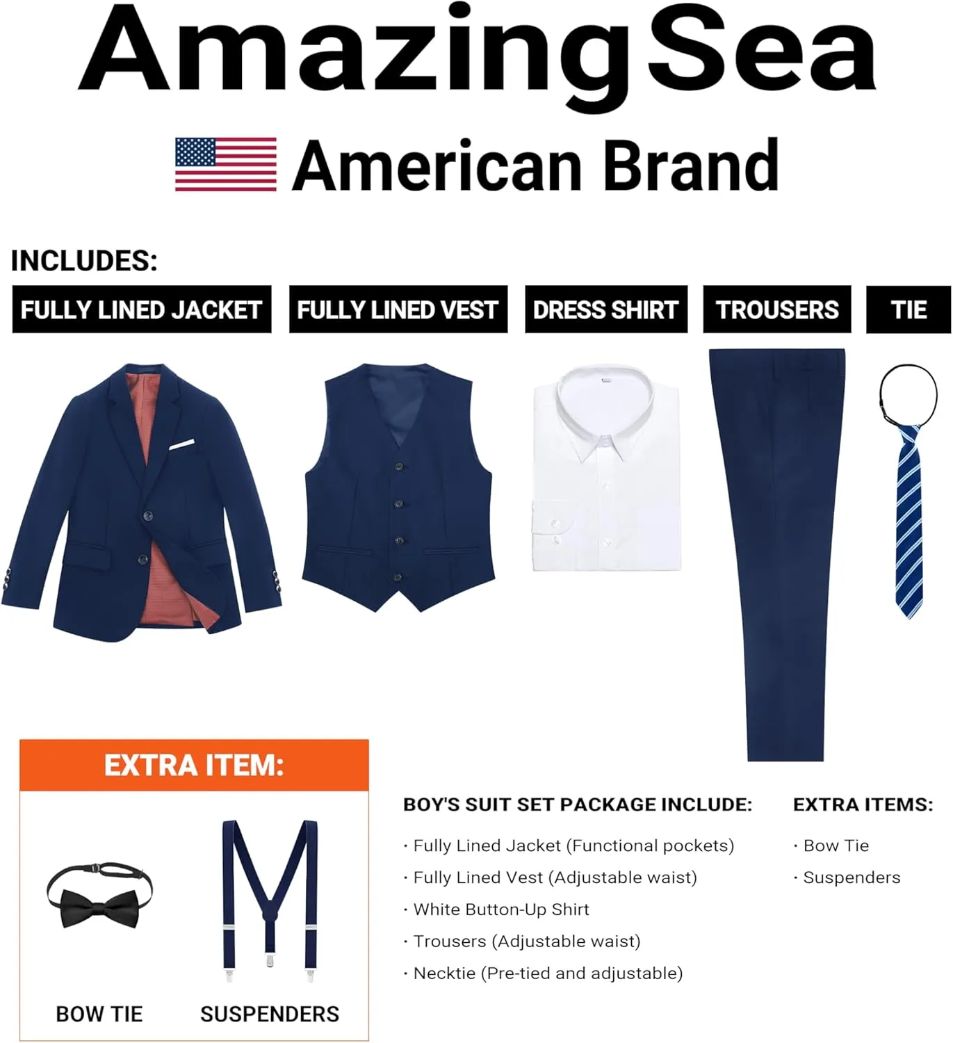 Boys Formal Suits Set, from Toddlers to Teen, Adjustable Waist, with Suspenders