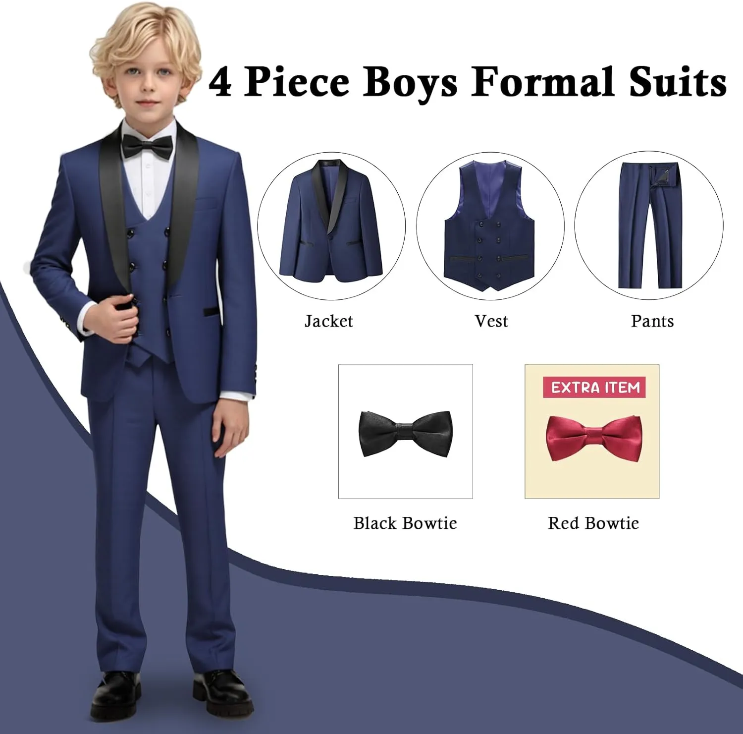 Boys Slim Fit Suits Formal Tuxedo 4 Piece Kids Dresswear Outfits with Vest Pants Jacket Bowtie Sets for Weddding