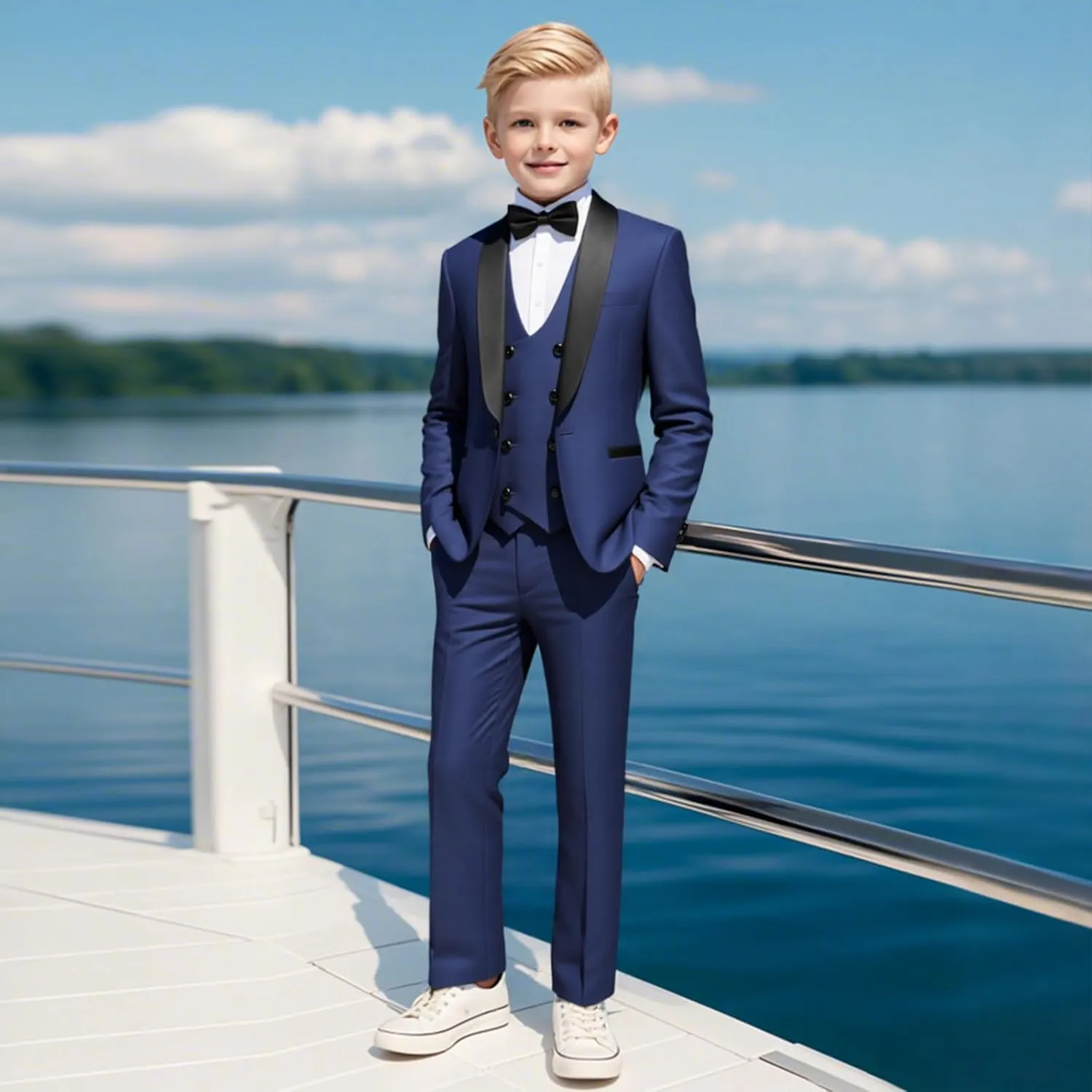 Boys Slim Fit Suits Formal Tuxedo 4 Piece Kids Dresswear Outfits with Vest Pants Jacket Bowtie Sets for Weddding