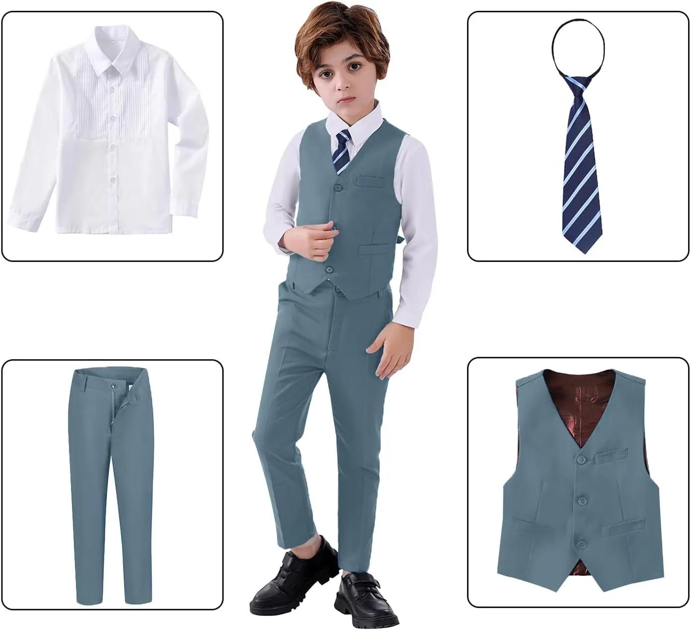Boys Suits Slim Fit 4 Piece Formal Dresswear Suit for Kids Tuxedo Wedding Set Toddler Boy Dress with Vest Shirt Pants and Tie