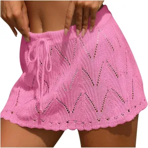 BTDECLAR Women's Crochet Skirt Summer Casual Drawstring Knitted Short Skirt High Waisted Swimsuit Cover Up Beach Mini Skirts