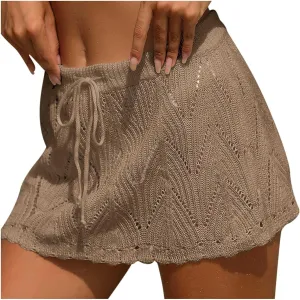 BTDECLAR Women's Crochet Skirt Summer Casual Drawstring Knitted Short Skirt High Waisted Swimsuit Cover Up Beach Mini Skirts